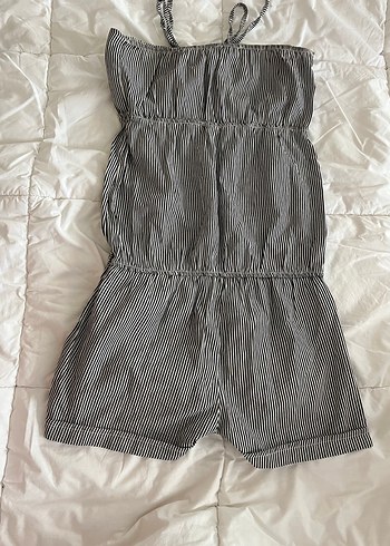 Çizgili, askısız, keten kısa tulum - Görsel 4