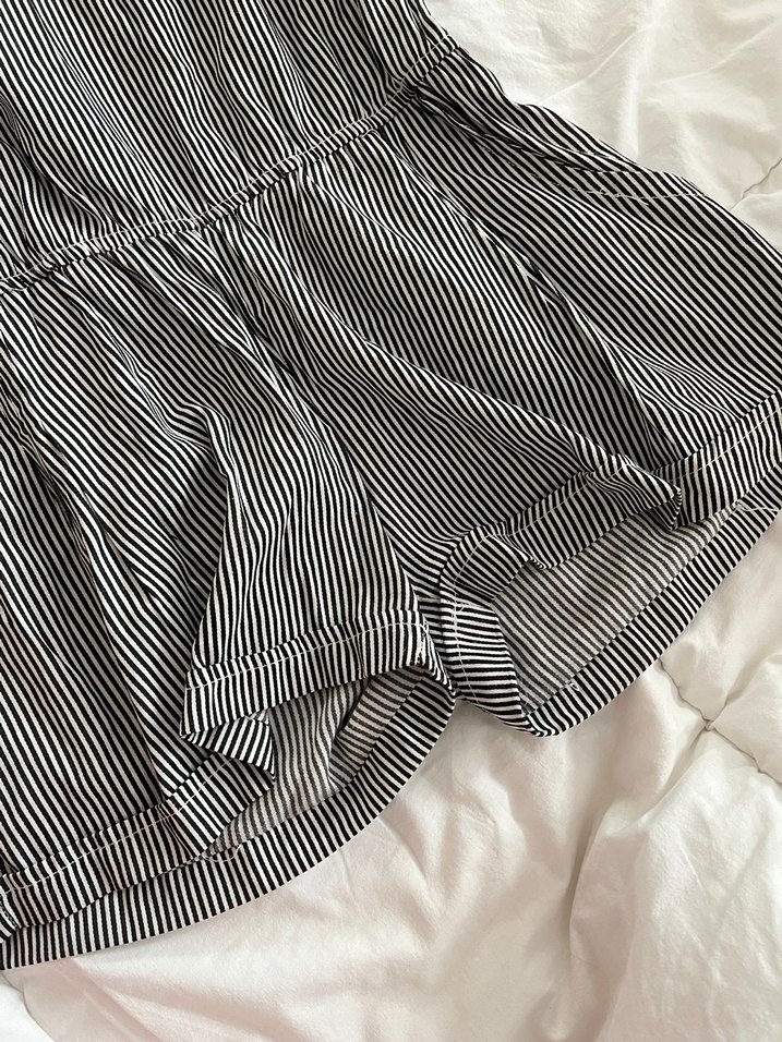 Çizgili, askısız, keten kısa tulum - Görsel 5