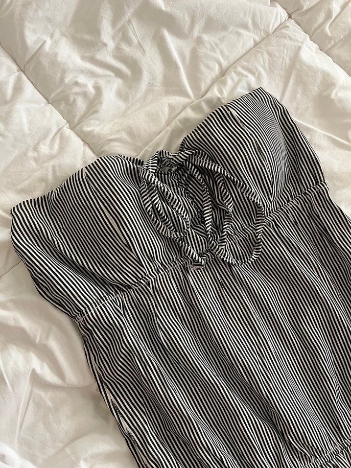 Çizgili, askısız, keten kısa tulum - Görsel 3