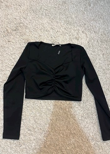 Siyah V Yaka Uzun Kollu Crop Bluz - Görsel 5