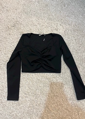 Siyah V Yaka Uzun Kollu Crop Bluz - Görsel 3