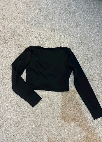 Siyah V Yaka Uzun Kollu Crop Bluz - Görsel 4