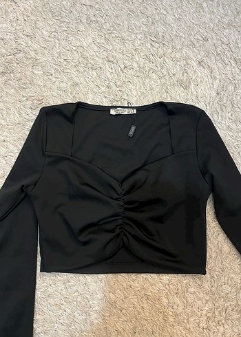 Siyah V Yaka Uzun Kollu Crop Bluz - Görsel 2