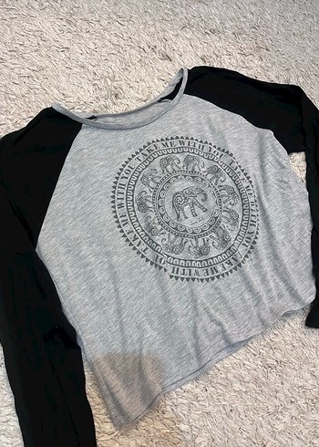 Gri Baskılı Bohem Uzun Kollu Crop Top - Görsel 4