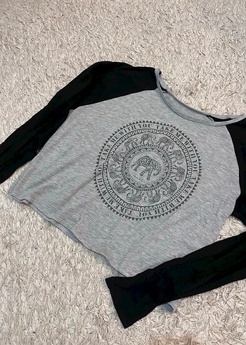 Gri Baskılı Bohem Uzun Kollu Crop Top - Görsel 2