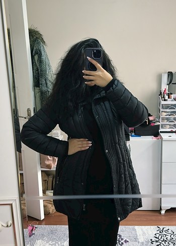 Siyah Puff Kol Midi Kadın Kışlık Mont
