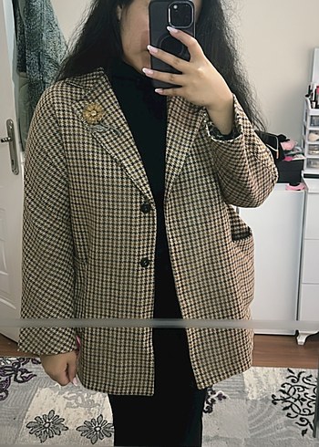 Düğmeli Kahverengi Ekose Kadın kaban