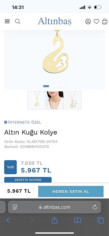 Altınbaş kuğu kolye