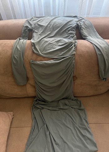 Gri Drapeli Uzun Kadın Elbise - Görsel 2