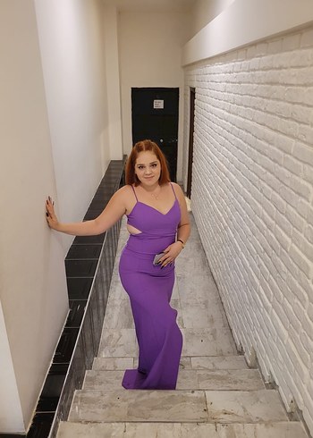 Mor askılı yanları pencereli  Elbise Yırtmaçlı - Görsel 2