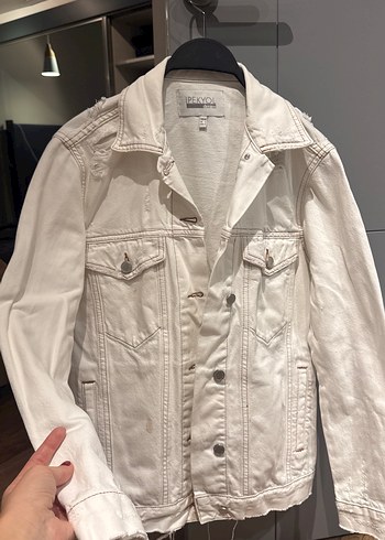 Düğmeli Beyaz Kadın Denim Ceket - Görsel 3