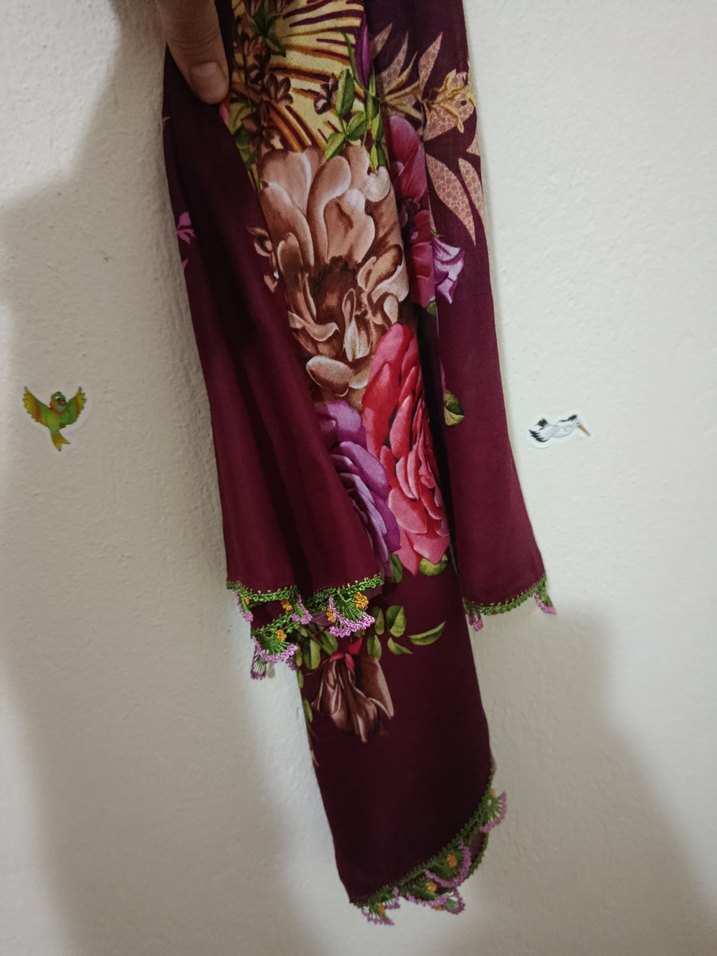 Bordo Dantel Detaylı Bohem Kadın Şal - Görsel 2