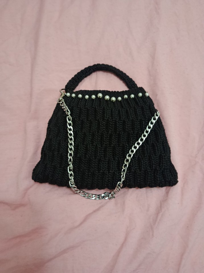 Zincir Detaylı Siyah Örgü Kadın Çanta - Görsel 2