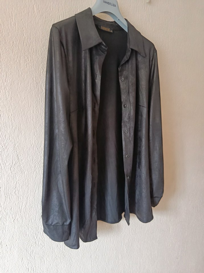 Siyah Deri Uzun Kollu Düğmeli Gömlek - Görsel 2