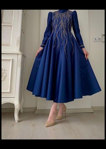 Nakışlı Lacivert Uzun Abiye Elbise - Görsel 3