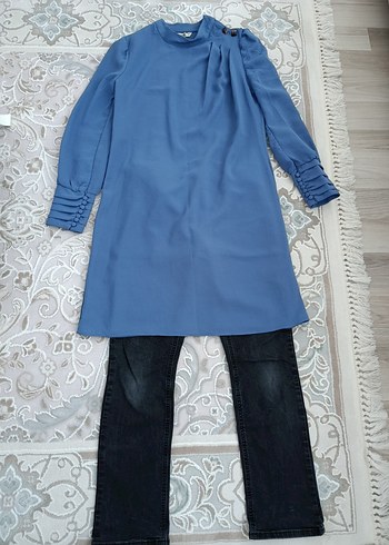 Drapeli Uzun Kollu Mavi Denim Tunik