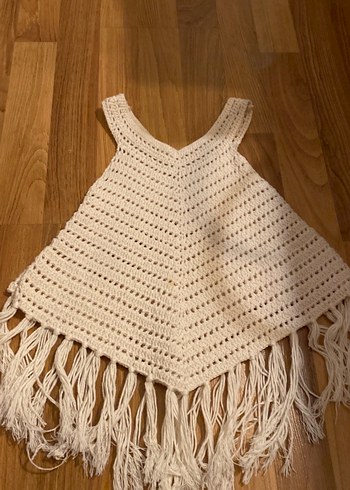 Kız Çocuk Bej Örgü Püsküllü Panço - Görsel 5