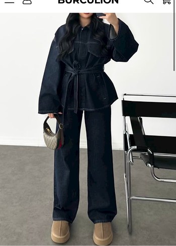 Siyah Kemerli Oversize Kadın Kot Ceket