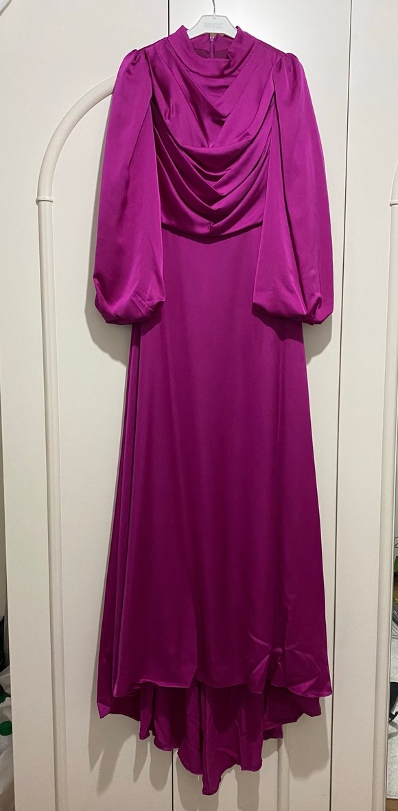 Parlak fuşya drapeli Uzun kuyruklu Kadın abiye Elbise - Görsel 4