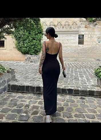 Diğer Siyah düz sırt dekolteli uzun elbise 