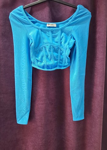 F.YM Mavi Straplez Uzun Kollu Mini Bluz