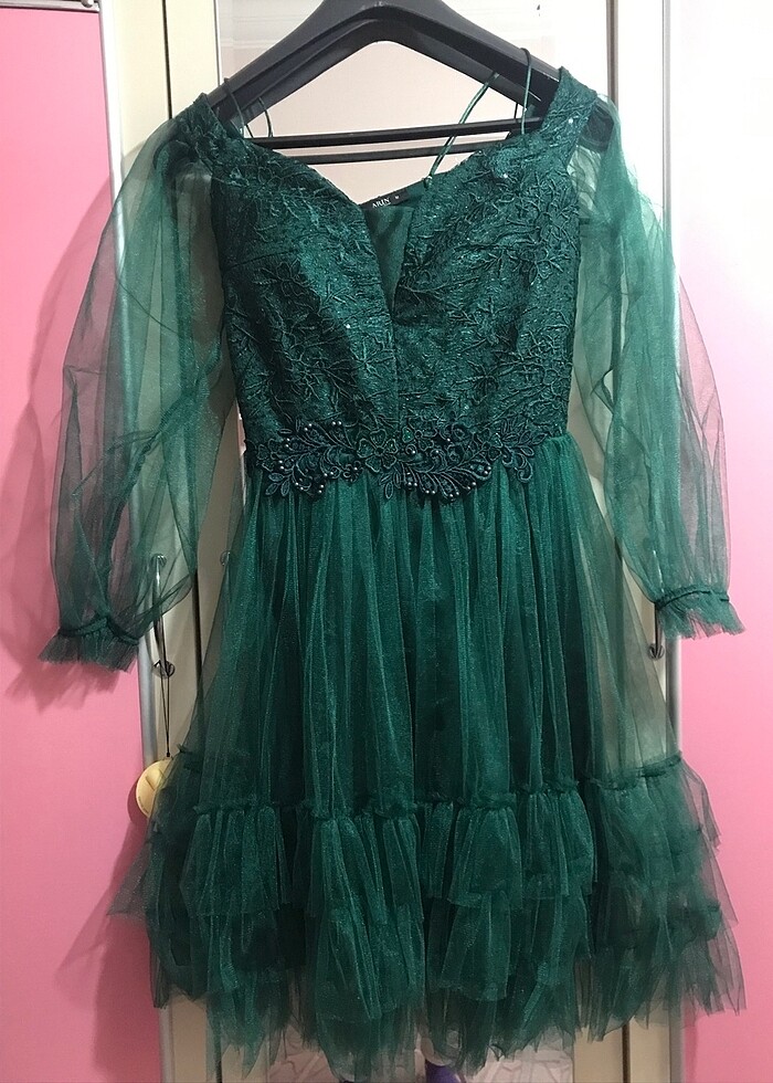 Yeşil Kısa Tüllü Abiye - Görsel 2