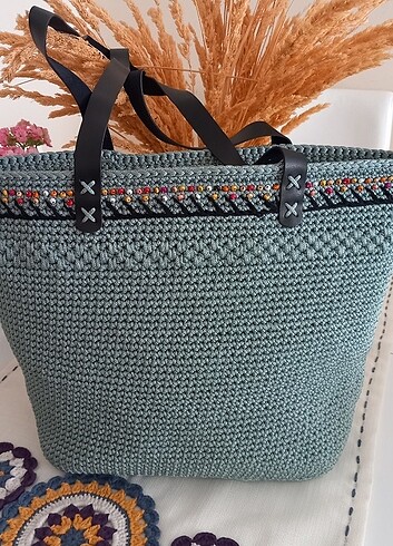 Beden mavi Renk Polyester makrome ipinden büyük boy çanta