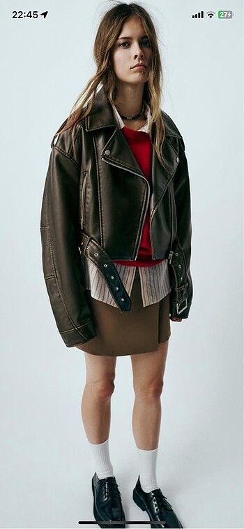 s Beden haki Renk Zara Deri Biker Ceket