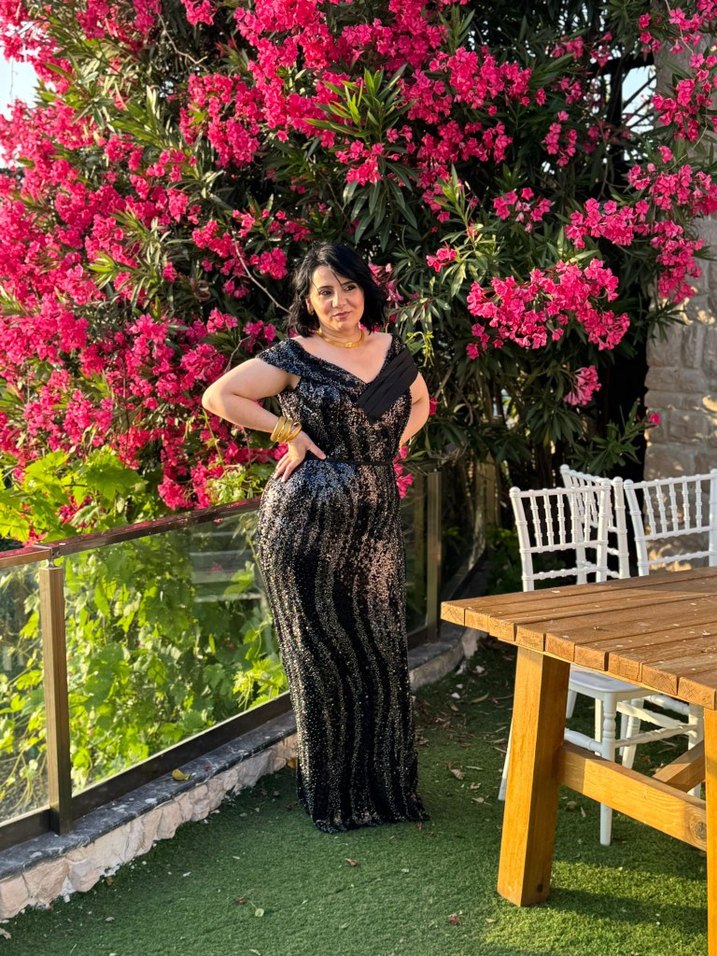 Siyah Yılan Desenli Uzun Abiye Elbise - Görsel 3