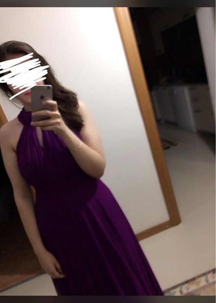 Boyundan bağlamalı halter yaka mürdüm mor elbise - Görsel 2