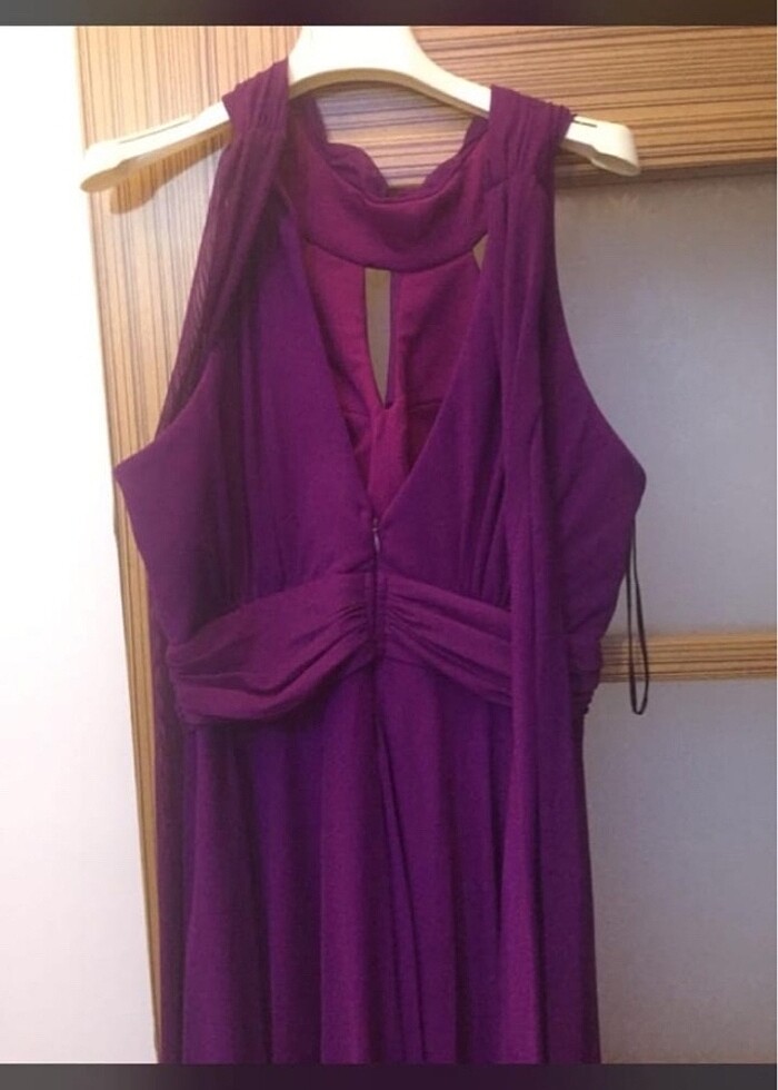 Boyundan bağlamalı halter yaka mürdüm mor elbise - Görsel 3