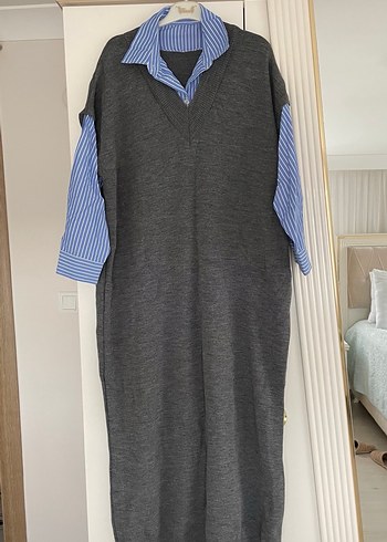 Gri Midi Triko Elbise, Kolsuz, Polo Yaka