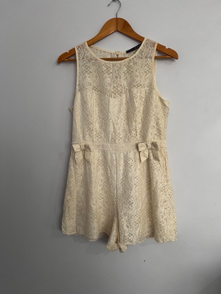 Kadın Bej Dantelli Bohem Kısa Tulum - Görsel 2