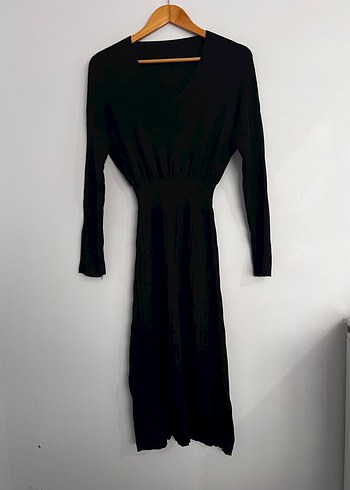 Siyah V Yakalı Uzun Kollu Kadın Elbise - Görsel 2