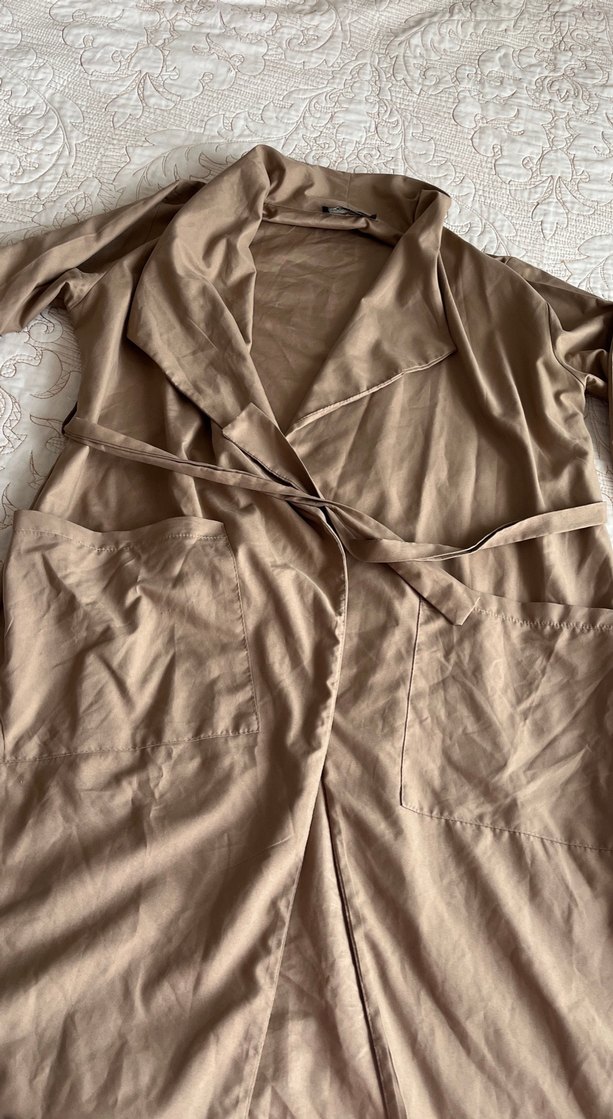 Bej Uzun Keten Kadın Trençkot - Görsel 2