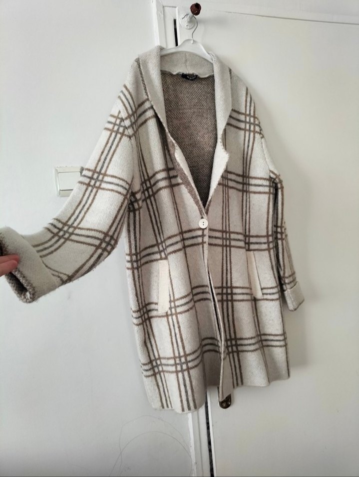 Düğmeli Ekose Desenli Midi Kadın Yün kazak - Görsel 2