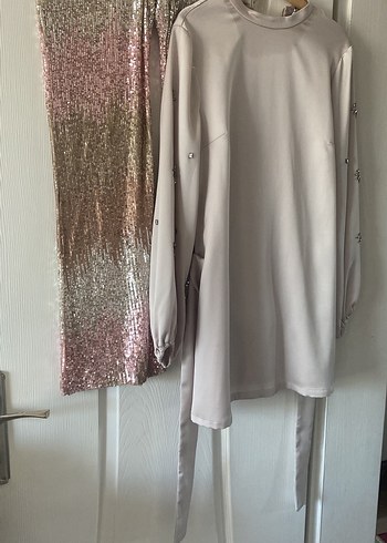 Parlak Bej Bağlamalı Uzun Kollu Tuniklı takım - Görsel 4