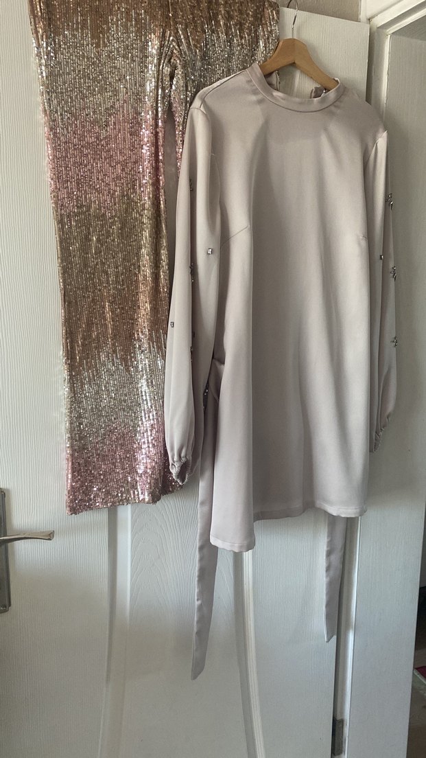 Parlak Bej Bağlamalı Uzun Kollu Tuniklı takım - Görsel 4