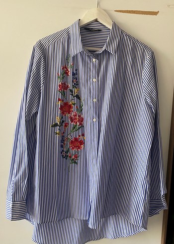 Tuğba trençkot Nakışlı, Düğmeli, Uzun Kollu Mavi Kadın Gömlek - Görsel 3