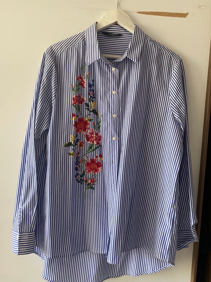 Tuğba trençkot Nakışlı, Düğmeli, Uzun Kollu Mavi Kadın Gömlek - Görsel 3