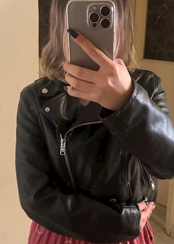 l Beden Kadın Siyah Deri Biker Ceket
