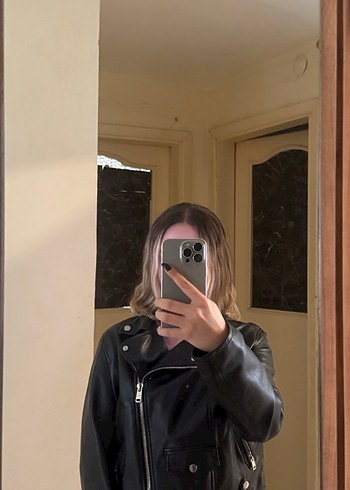 l Beden siyah Renk Kadın Siyah Deri Biker Ceket