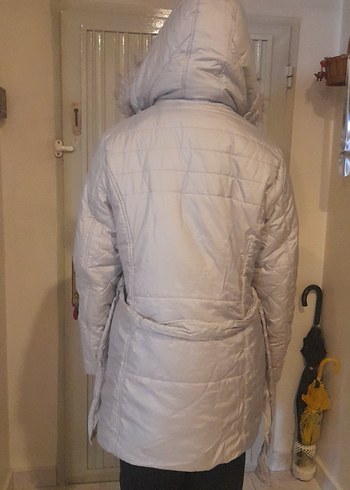 Gri Midi Kadın Kışlık Mont Kürklü Kapüşon - Görsel 2