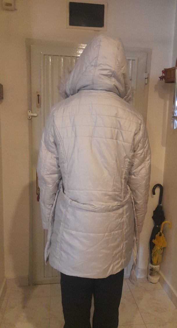 Gri Midi Kadın Kışlık Mont Kürklü Kapüşon - Görsel 2