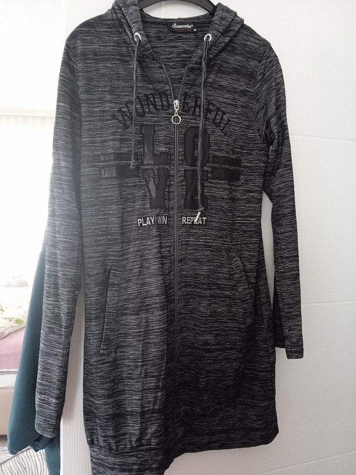 Gri Kapüşonlu Fermuarlı Uzun Sweatshirt - Görsel 2