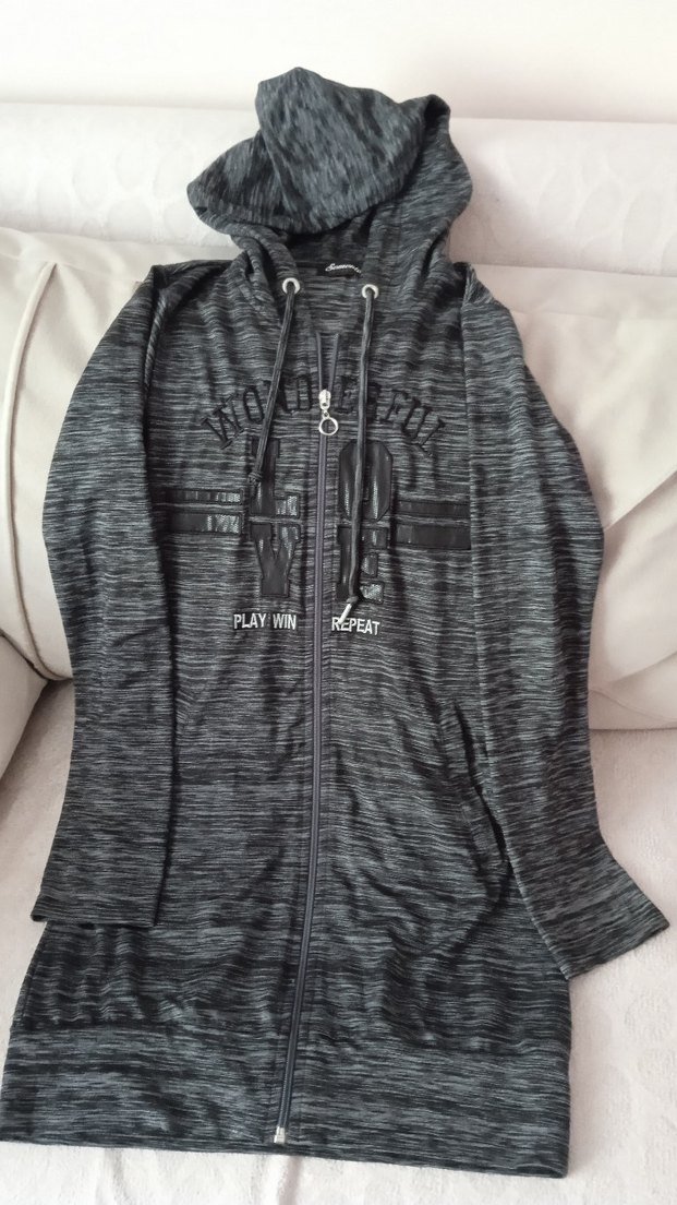 Gri Kapüşonlu Fermuarlı Uzun Sweatshirt - Görsel 4