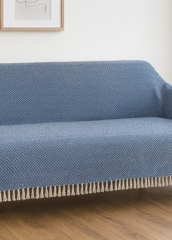 Püsküllü Mavi Modern Kanepe Örtüsü
