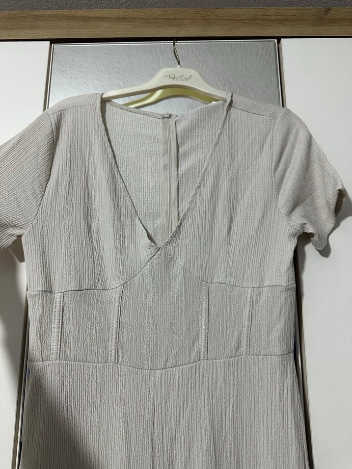 Bej V Yaka Keten Kadın Tulum - Görsel 2