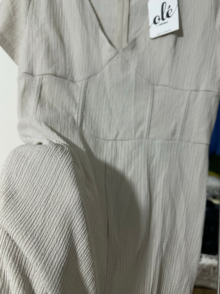 Bej V Yaka Keten Kadın Tulum - Görsel 5