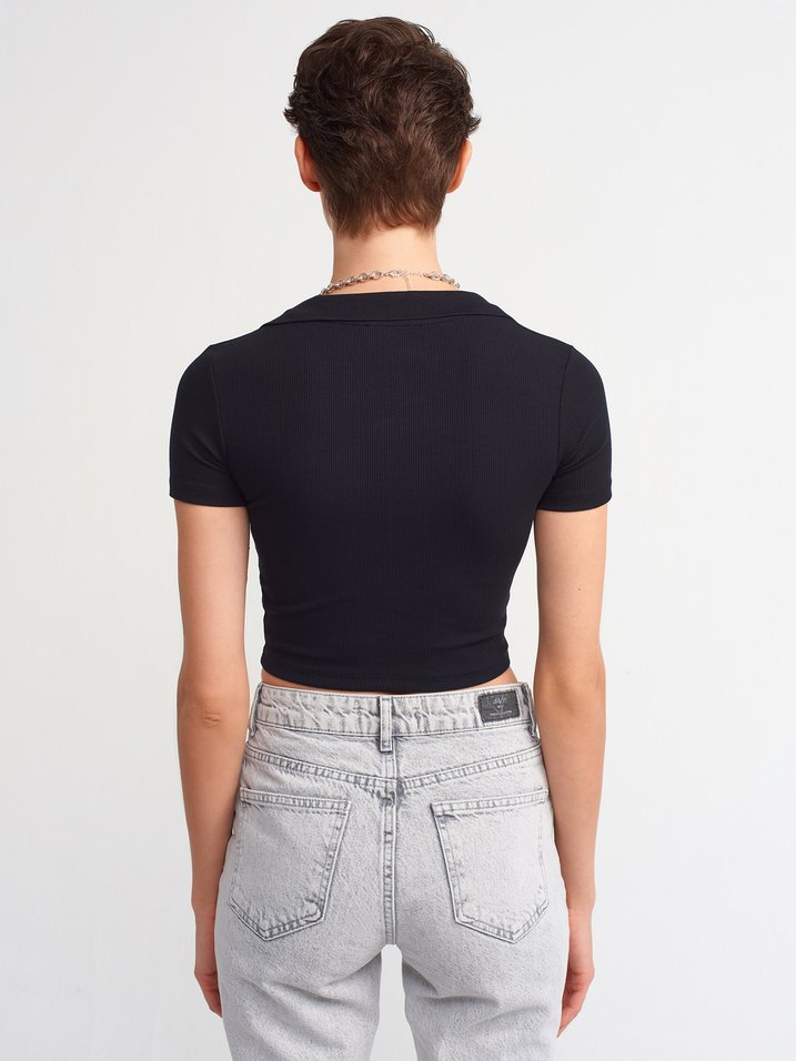 dilvin V Yakalı Siyah Crop Top - Görsel 2